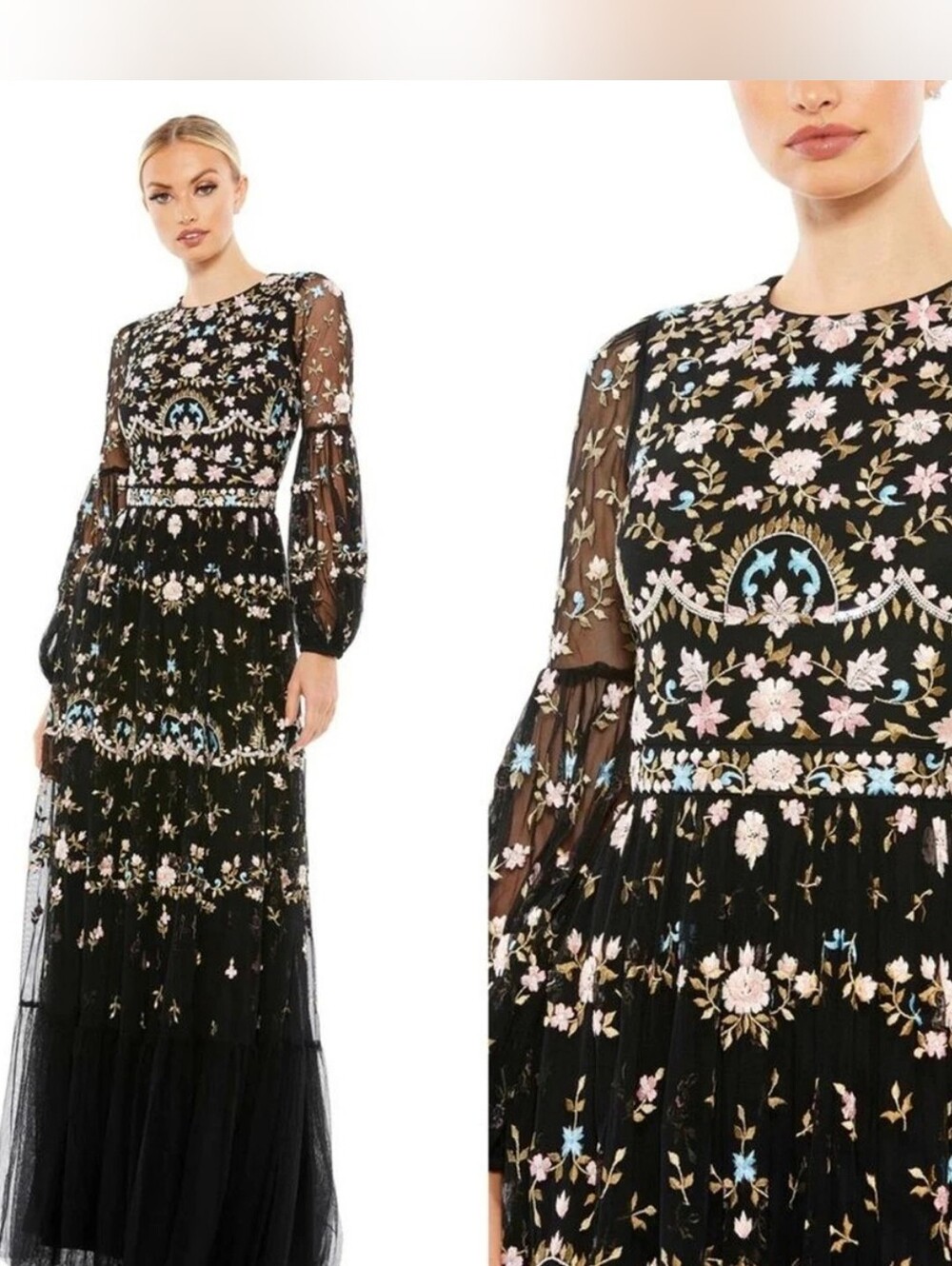Mac Duggal Black Floral Embellished Long Sleeve Maxi Gown Dress Modesr 35111